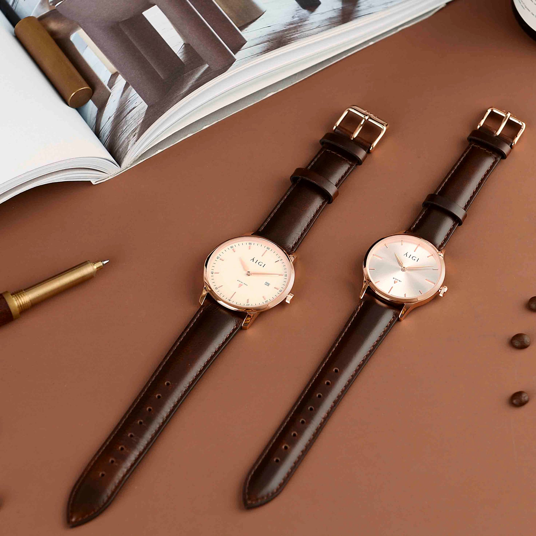 GLACIER ROSE 36MM - BRUN SKINN dameklokke fra norsk klokkemerke AIGI