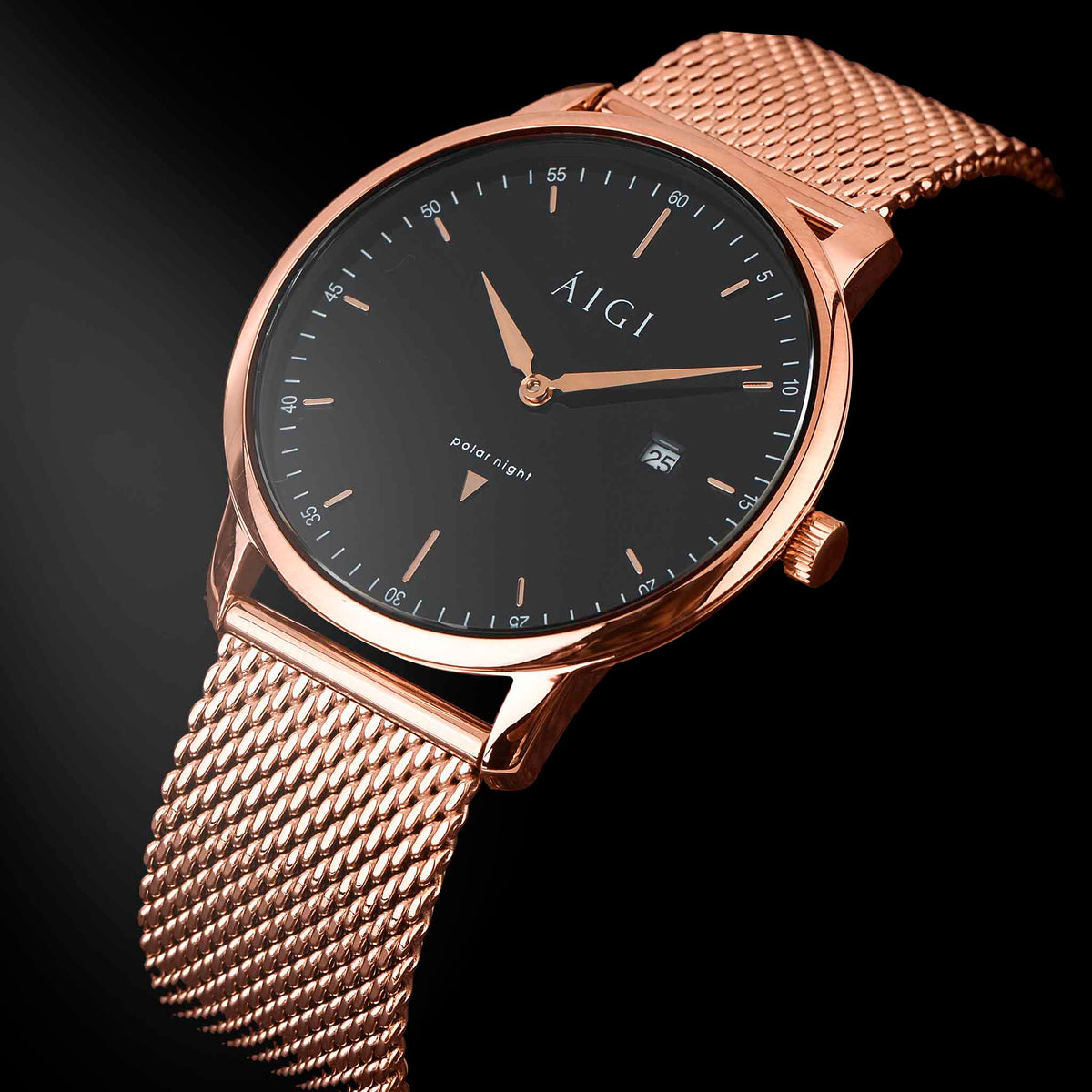 AIGI Morketid 40MM Herreklokke med rosegull mesh